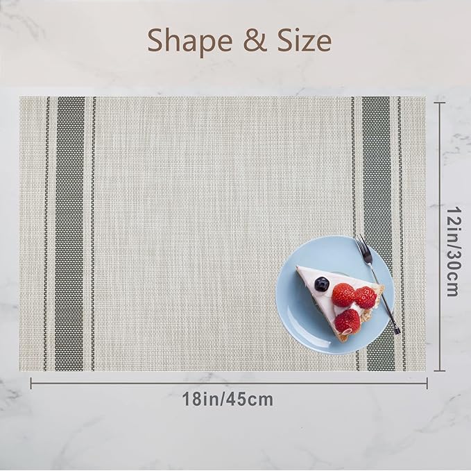 DACHUI Placemats Set of 4, Soft & Elegant Woven Vinyl Place Mats, Water Resistant, Heat Resistant, Washable, Durable Table Mats (Grey Stripes)