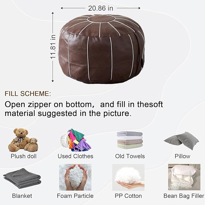 Louis Donné Unstuffed Pouf Ottoman Cover, Handmade Moroccan Foot Stool for Foot Rest, Round Faux Leather Small Bean Bag with Storage Solution, Floor Pouffe Footstool for Living Room, Bedroom Balcony