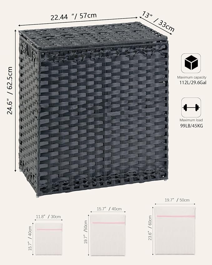 Laundry Hamper with Lid Wicker Laundry Basket 112 L (29.6 Gal) Laundry Hampers Handwoven Rattan Clothes Hamper with Handles 3 Removable Liner Bag, 6 Mesh Bags for Bathroom Bedroom Black