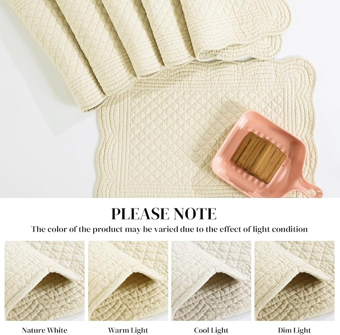 HOMBYS Quilted Placemats Set of 6 Washable-13x18 inches Rectangular Placemats for Kitchen Table-100% Cotton Fabric Rectangular Table Mats, (Flax)