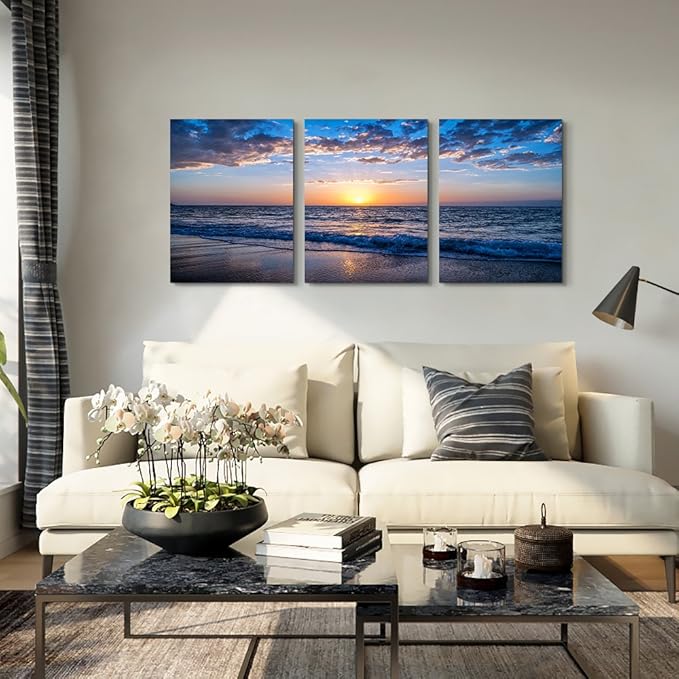 Framed Canvas Wall Art for living room Large Size Office Wall Decor Sunrise blue sea view Wall Pictures Artwork ocean Paintings Ready to Hang for Modern bedroom Home Decoration 16" x 24" 3 Pieces