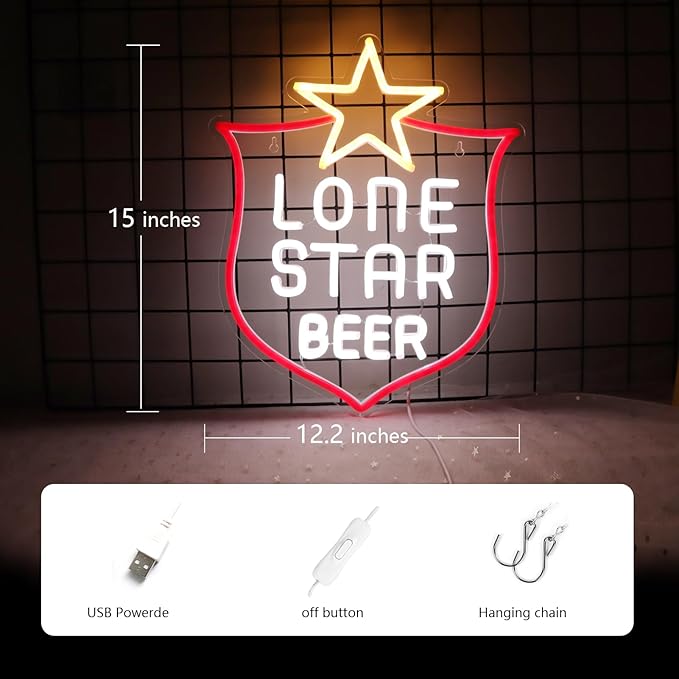 JFLLamp Lone Star Neon Signs for Wall Decor Neon Lights for Bedroom Led Signs Suitable for Man Cave Bar Pub Restaurant Christmas Birthday Party Gift Art 5V Usb Power 15*12.2 Inch(Red+White+Warm White)