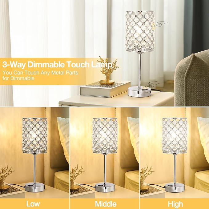 Hong-in Crystal Table Lamp, Crystal Lamp Touch Control with USB-C USB-A Charging Ports & AC Outlets, 3 Way Dimmable Bedside Lamp-Nightstand Lamp Modern Light for Bedroom, Living Room, Bulb Included