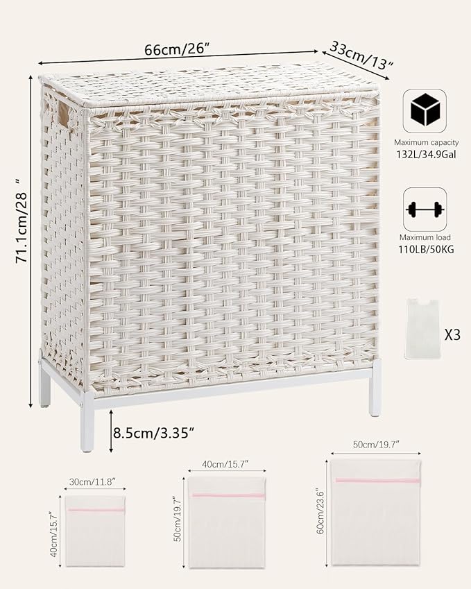 Laundry Hamper with Lid 132 L, (35 Gallons) Clothes Hamper with Lid, Handwoven Rattan Laundry Hamper with Metal Heightened Feet, Laundry Hampers with 3 Removable Liner Bags for Laundry-White