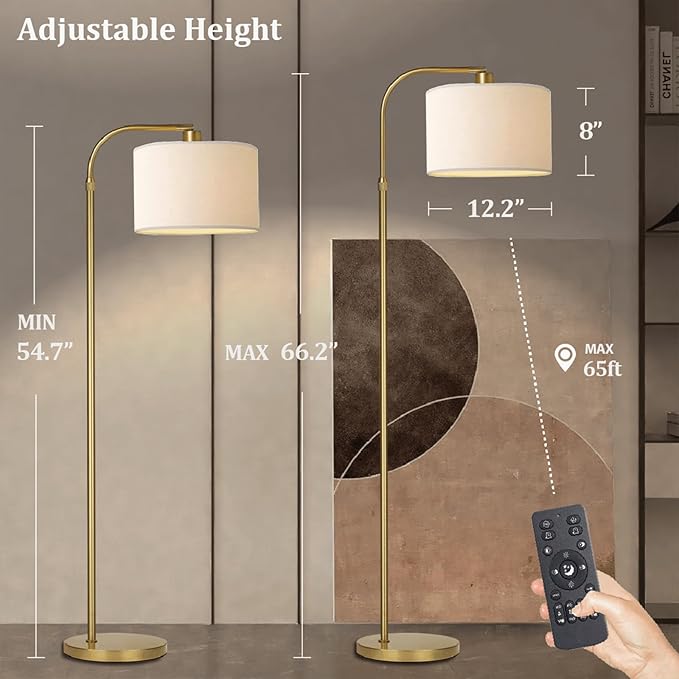 Gold Floor Lamp with Remote Control, Adjustable Height Dimmable Arc Floor Lamp for Living Room, Modern Gold Standing Lamp Dimmable for Bedroom, Office, 1000 Lumens LED Smart Bulb Included,