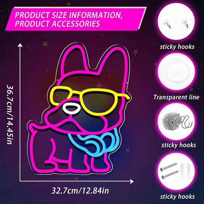 French Bulldog Neon Sign Gifts,Dimmable Frenchie Pet Neon Light For Wall Decor Wearing Glasses Dog Led Sign Gift Bedroom Frenchie Decor Living Room Pet Shop Bar Party