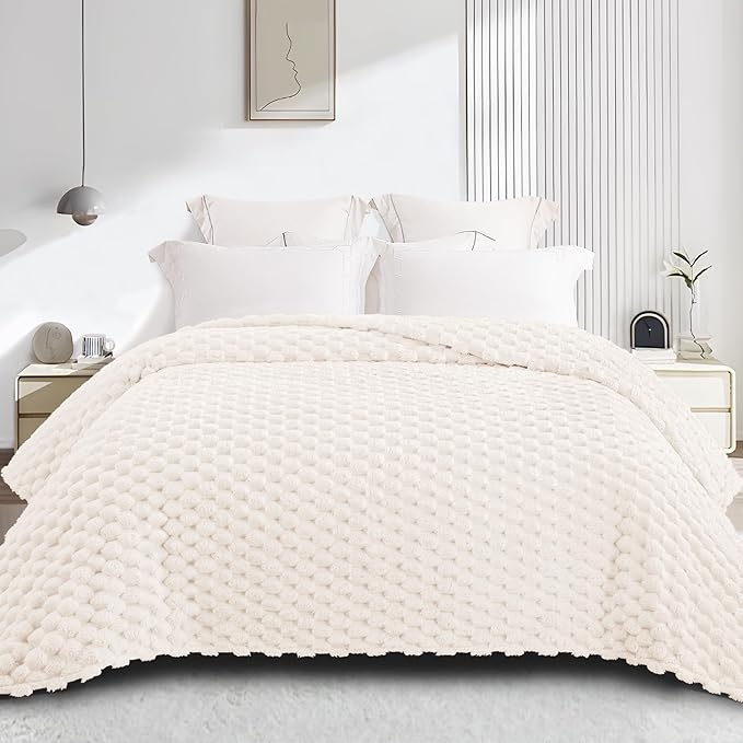 Whale Flotilla King Size Blanket for Bed with Jacquard Pattern, Fuzzy Soft Cozy Exquisite Blankets for All Season, Warm and Fluffy, 90x104 Inch, Ivory