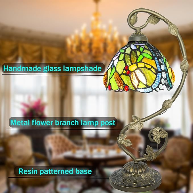 Tiffany Lamp,21x11x8 inches Stained Glass Lamp,Dragonfly Tiffany Style Table Lamp with Three-Color Dimming for Bedside Table,Dining Table,Antique Office