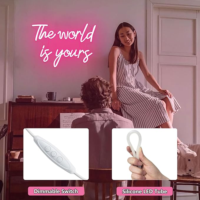 The World is Yours Neon Sign, Dimmable Word Lights for Wall Decor, Pink LED Neon Signs, World Neon Light up Sign for Bedroom Office Graduation Party Girl Room Birthday Present Engagement Valentine