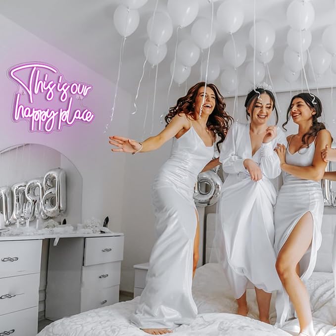 NOSUN This is Our Happy Place Neon Sign Pink Neon Signs for Wall Decor Pink Neon Light Sign with Dimmable Letter Neon Signs for Bedroom Bar Party Club Home Wedding Birthday Party LED Neon Decorations