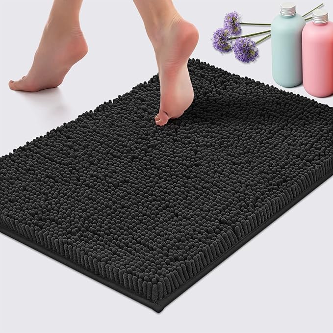 LuxUrux 2 Piece Bathroom Rug Set - Premium Plush Bath Mat Shower Rugs, 1" Chenille Microfiber, Non-Slip & Absorbent, Soft & Cozy, Durable Stylish (20x30 & 16x24 inches, Black)