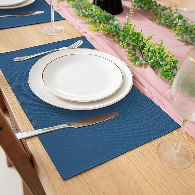 Linen Fabric Placemats Set of 6, Machine Washable, Heat Resistant, Wrinkle Free, Thick Polyester Kitchen Place Mats for Dining Table (Navy Blue)