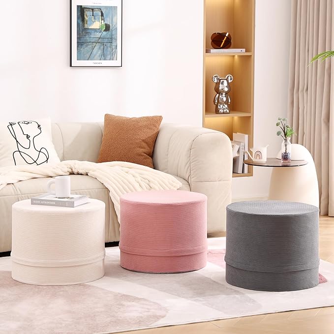 LITA Round Stuffed Pouf Ottoman, Corduroy Poufs with High-Density Foam Filling and Washable Cover, Furry and Fluffy Bean Bag Foot Stools Ottoman for Living Room, Bedroom, Office, Grey