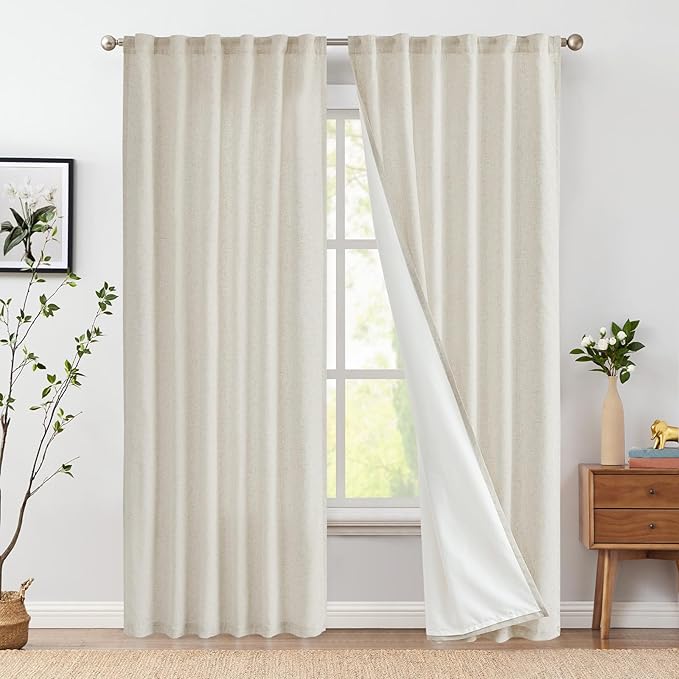 jinchan Linen Blend Curtains for Living Room 90 Inch Length 2 Panels Curtains for Sliding Glass Doors, 50 Inch Wide Farmhouse Drapes with Rod Pocket Back Tab(50W x 90L, Ecru)
