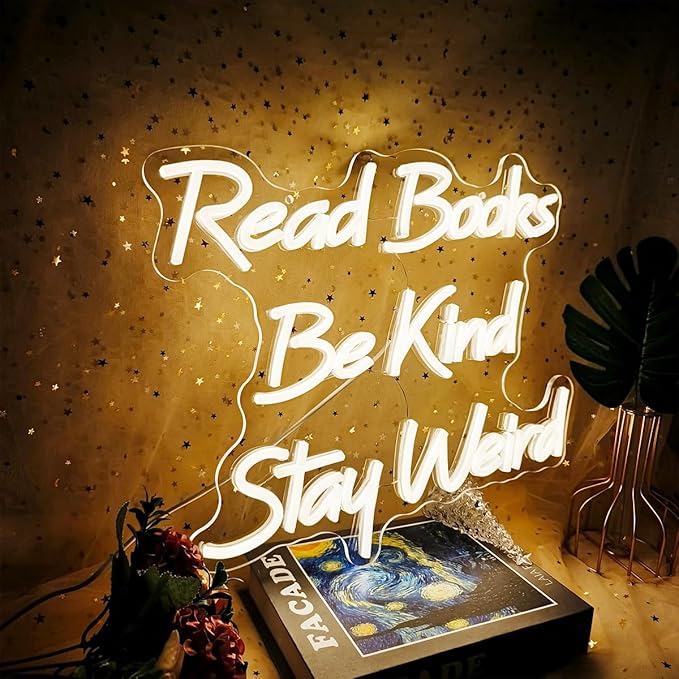 Read Books Be Kind Stay Weird Neon Sign, 15”x13”USB Powered Read Books Neon Signs for Wall Decor Dimmable, Neon Light Sign for Classroom Reading Room Bookstore, Warm White