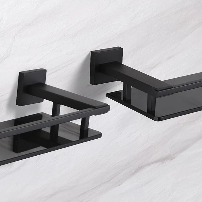 Black Bathroom Shelves Glass Shelf 20-Inch Floating Tempered Glass Shelf Rectangular Modern Stainless Steel Wall Mounted Shelves for Shower Bathroom Kitchen Organizers Accessories ,A7613AB