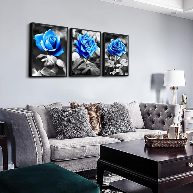 TTHYUEWS Black Framed Wall Art Prints For Living Room Family Wall Decor For Kitchen Black And White Pictures Artwork Blue Rose Flowers Wall Paintings Modern Office Bedroom Room Home Decor 3 Pieces