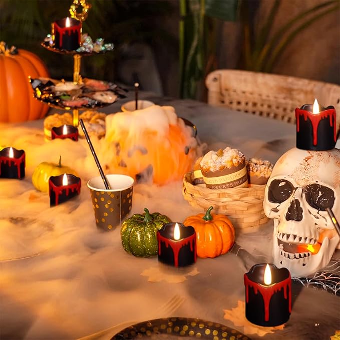 DRomance Black Flameless Votive Candles Battery Operated with Timer, 350 Hours Blood Dripping Small Real Wax Flickering LED Tea Light Candles Dinner Fall Halloween Decoration Lights(6 Pcs, 2" x 2.2")