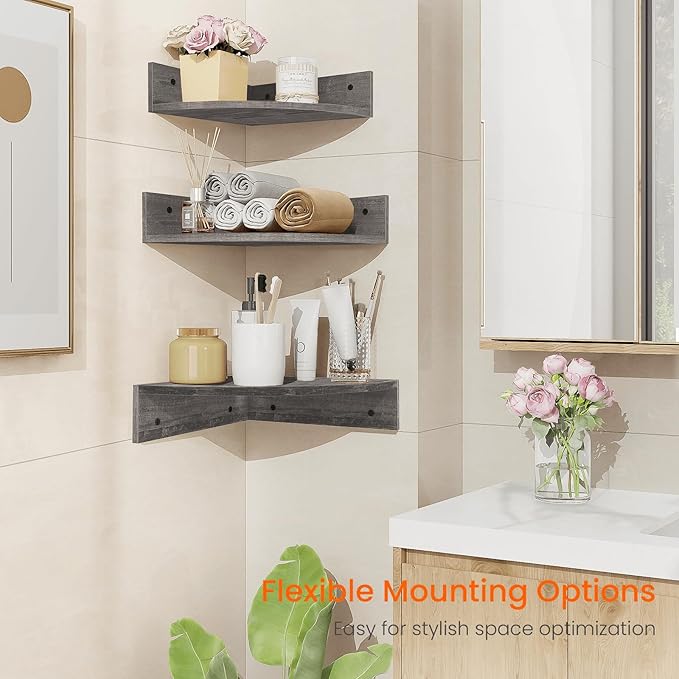 Homode Corner Floating Shelves, Set of 3 Corner Wall Shelves for Storage and Display, 3 Tier Wood Hanging Shelf Organizer for Cable Box, for Bedroom, Bathroom, Kitchen, Rustic Grey