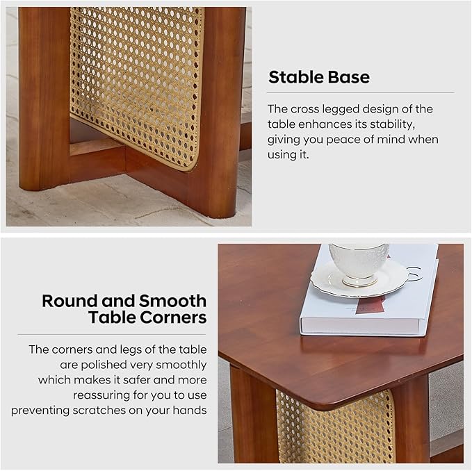 Rattan Coffee Table, 42.5 Inch Rectangular Solid Wood Table with PE Rattan Stand for Living Room