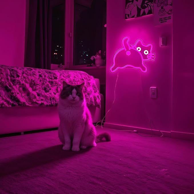 Cat Neon Sign for Wall Decor,Dimmable Funny Kitty Neon Light,Pink Animal Light Up Signs for Bedroom Party Bar Background Decoration
