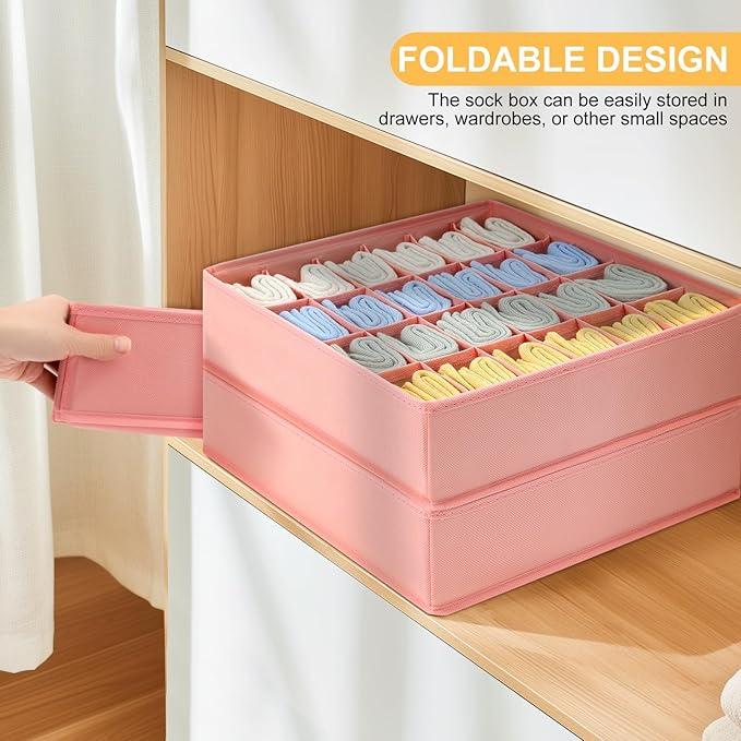 Joyoldelf Sock Organizer Drawer Organizer - Underwear Organizer, 24 Cell Collapsible Closet Organizers and Storage Sock Holders Organizers for Storing Socks, Ties, Belts 6 Pack Pink
