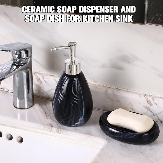 Ceramic Soap Dispenser and Soap Dish Set, Marbled Elegant Bathroom Decor with Non-Slip Base, Modern Hand Wash Bottle & Soap Tray for Bathroom Sink Countertop, Kitchen, Spa (Black)