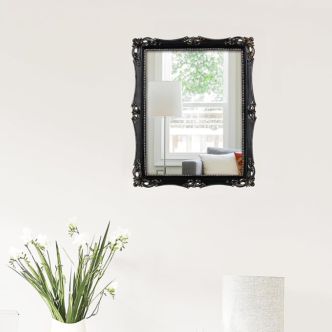 Funerom Vintage Decorative Mirror, Wall Mounted & Tabletop Makeup Mirror ,Square (Black, 16.5 x 13.5 inch)