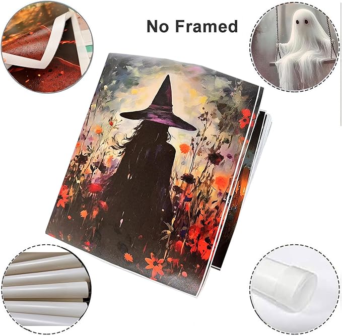 ILLBDR Cute Ghost Canvas Wall Art Halloween Decor Vintage Painting, Spooky Silhouette Ghost Haunted House Art, Bedroom Gothic Decor Ready to Hang, 12x16 Inch Unframed