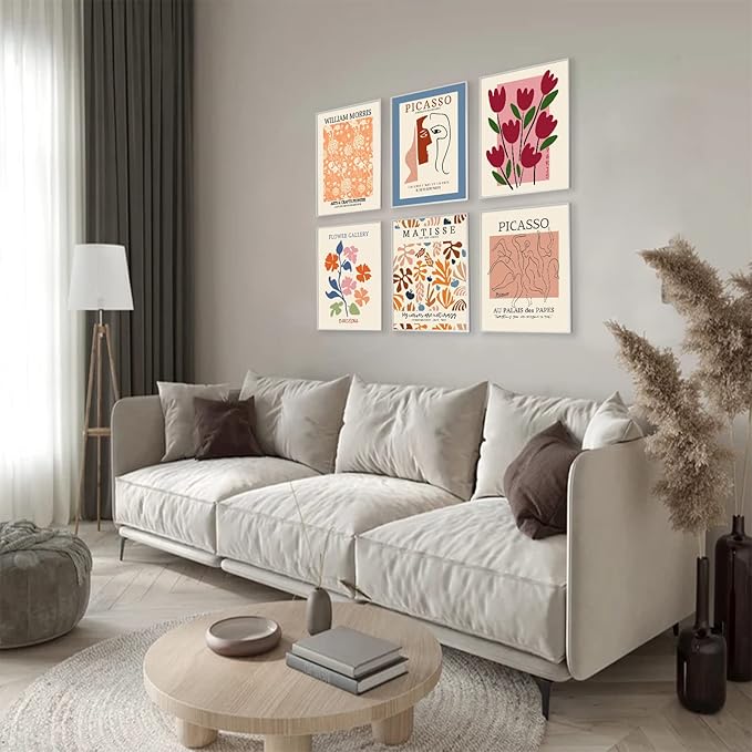 Flower Market Posters Set of 6, Abstract Flower Market Wall Art Prints Exhibition Poster Set, Vintage Matisse Print Picasso Print William Morris Painting Pictures, Boho Room Decor(8x10inch, Unframed)