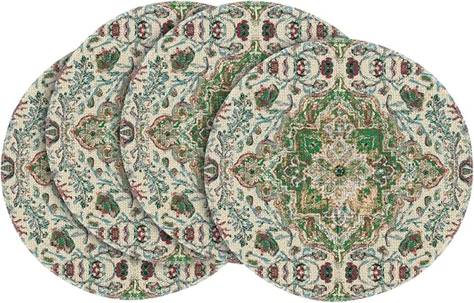 Artoid Mode Boho Round Placemats Set of 4,14 Inch Seasonal Daily Green Flowers Bohemian Table Mats for Party Kitchen Dining Decoration