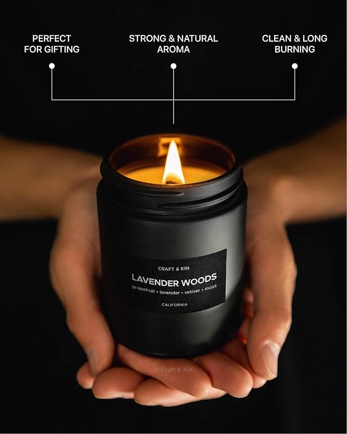 Craft & Kin Premium Lavender Woods Candle | Black Spring Scented Candles for Men | Long Lasting with 45 Hour Burn Time, 7.6oz | Made with Soy | Aromatherapy at Home | Gifts for Men