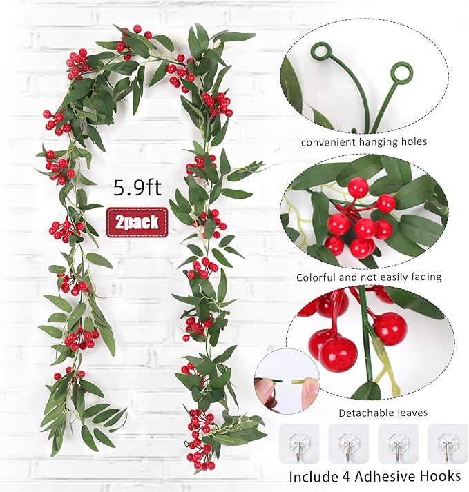 Artificial Hanging Willow Vines with Red Berry Christmas Garland 2Pcs-6FT Faux Hanging Willow Leaf Ivy Red Berries Greenery Rattan Christmas Wedding Party Wall Mantel Home Winter Indoor Outdoor Decor