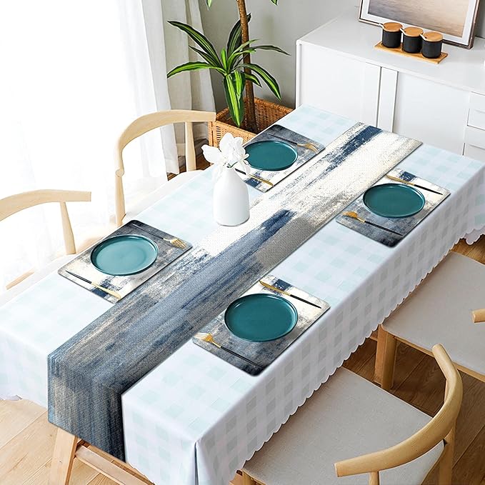 Mcalk Dusty Blue Table Runner and Placemats Set of 6 Pieces, Pink Flower Placemats Modern Art,Abstract Art Cloth Place Mats Indoor for Kitchen,Washable Placemats Linen Material for Dining Table