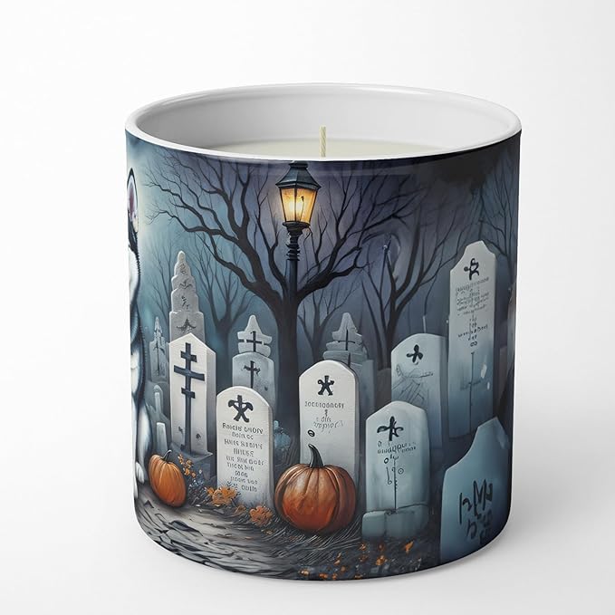 Caroline's Treasures DAC2055CDL Siberian Husky Spooky Halloween Decorative Soy Candle Nature Soy Wax Essential Oil Home Decor Ideal for Bedroom Kitchen Bath Office Gift, 10 oz