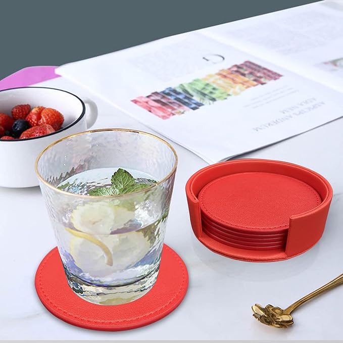 Coasters Set of 6 Soft Leather Drink Coaster Round Coaster with Sewing Around, Suitable for Various Cups, Wooden Tables,Home Decoration,4 Inches(Bright Red)