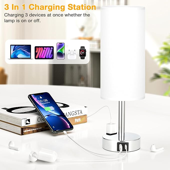 White Touch Nightstand Lamps Set - 3 Way Dimmable Bedside Table Lamp for Bedroom with USB Ports, Small Lamps with AC Outlet for Girls Dorm Nursery, Silver Base