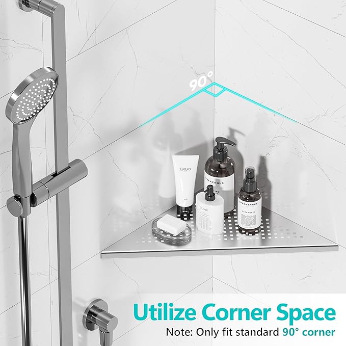 Bathroom Corner Shelf, Recessed 12" Shower Shelf Caddy, SUS304 Stainless Steel Shelf Wall Mount Triangular, No Drilling, Brushed Nickel
