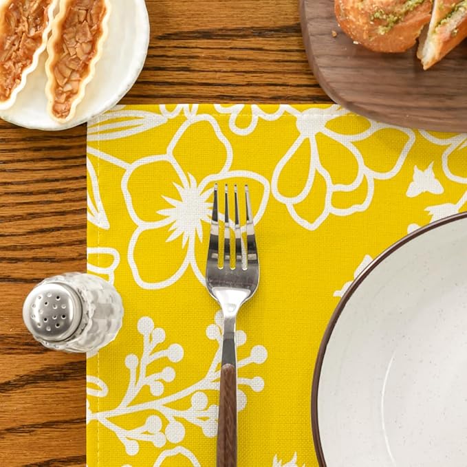 Artoid Mode Yellow Bloom Flowers Floral Spring Placemats Set of 4, 12x18 Inch Seasonal Summer Table Mats for Party Kitchen Dining Decoration