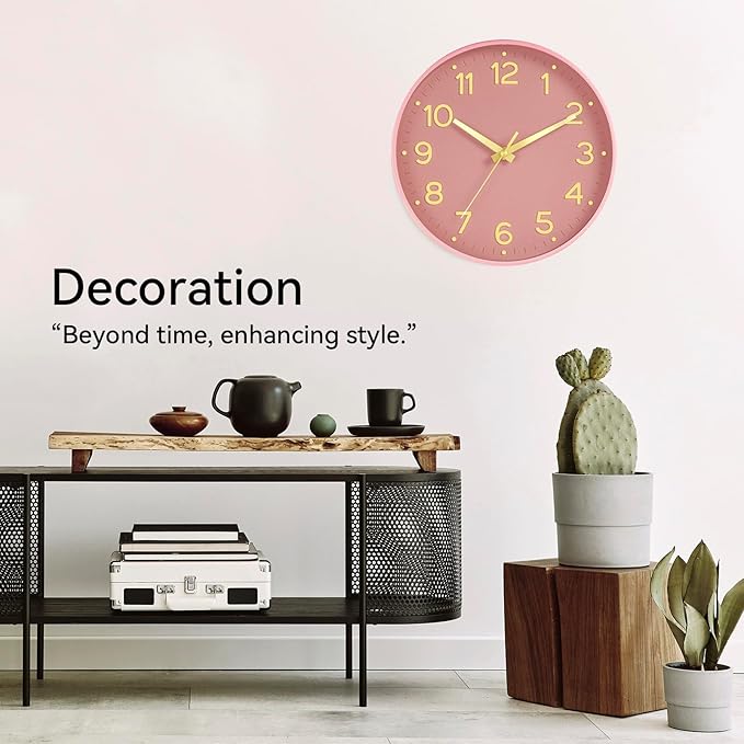 Silent Wall Clocks Battery Operated 8 Inch-Modern Non Ticking Analog Clock Decorative for Kitchen Office Bathroom Bedroom(Pink Gold)