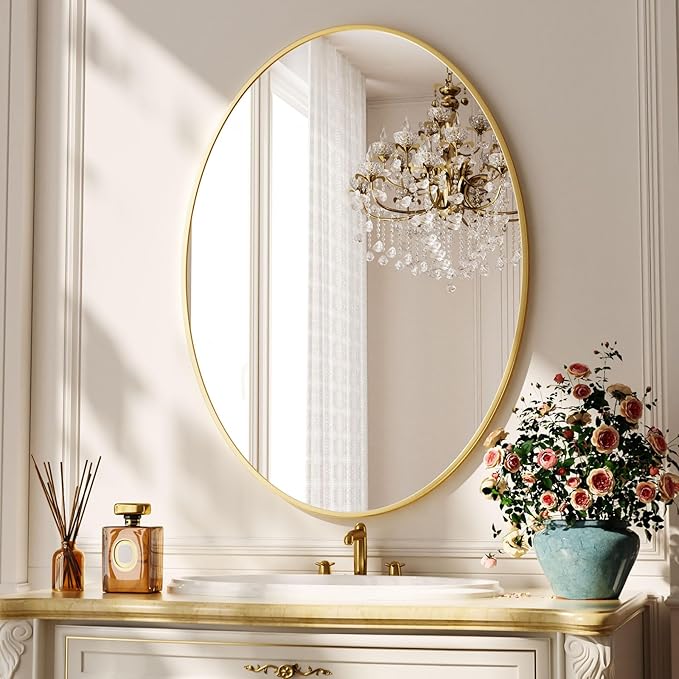 Gold Oval Bathroom Mirror, 26 x 38 inch Modern Oval Wall Mounted Vanity Mirror with Tempered Glass Hanging Horizontally or Vertically, Gold