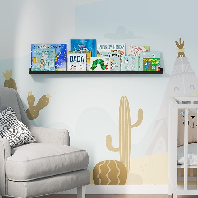 Wallniture Boston Picture Ledge Shelf 46" Wall Decor Black Bookshelf for Picture Frames, Toddler Toys, Kids Books