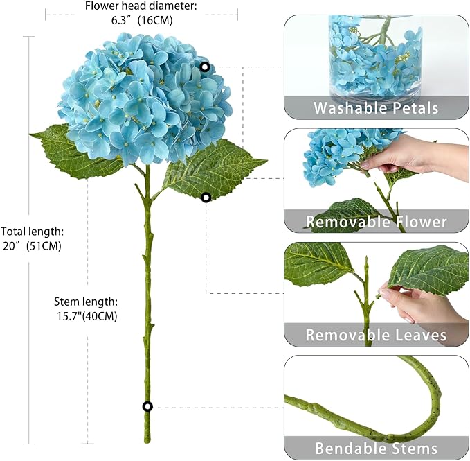 4 Pcs 20'' Turquoise Blue Hydrangea Artificial Flowers Lifelike Real Touch Latex Hydrangeas Faux Flower for Indoor Outdoor Xmas Home Decor Kitchen Table Centerpiece Wedding Flower Arrangement