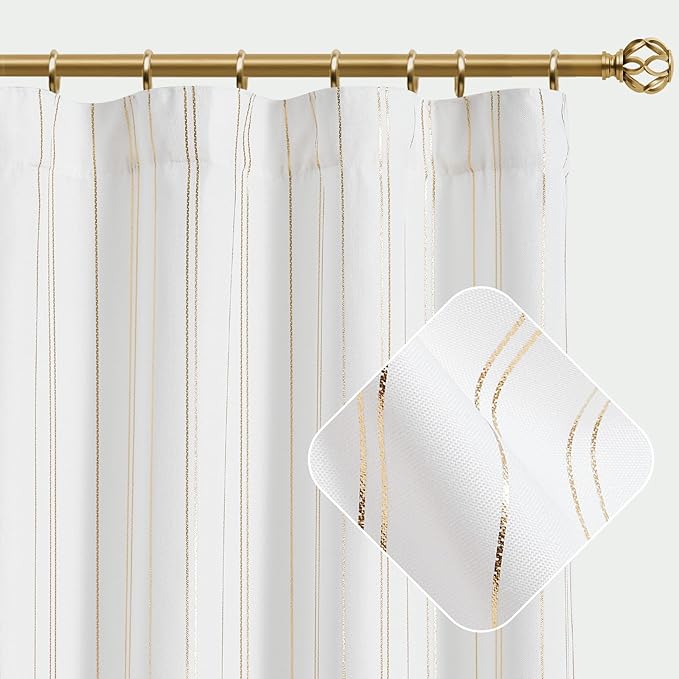 jinchan Golden Foil and White Striped Curtains 96 Inch Length for Living Room Bedroom Golden Foil Striped on White Curtains Light Filtering Drapes Rod Pocket Modern Window Treatments Set 2 Panels