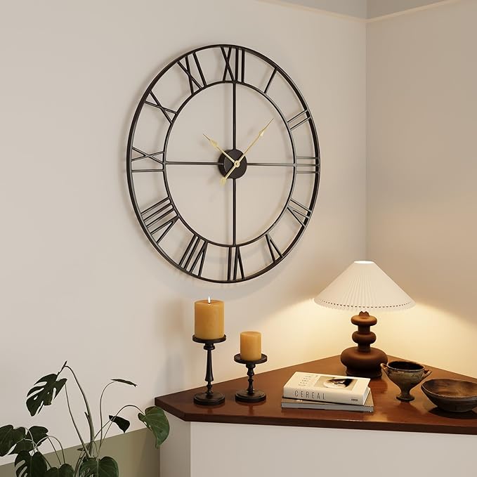 Large Wall Clock for Living Room Mantel, Completely Silent Non Ticking Battery-Operated, Modern Black Metal Round Wall Clock Decorative Clocks for Bedroom - 30 Inch Roman Number