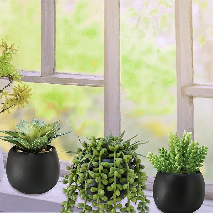 Winlyn Set of 3 Artificial Succulents Plants in Black Cement Planters Faux Potted Plants Aloe String of Pearls Donkey Tail Small House Plants 5" Tall for Table Shelf Home Office Bathroom Living Room