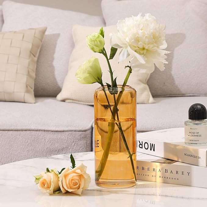 ComSaf Glass Flower Vase, 8 Inch Tall Bud Vases, Home Decor Vases for Centerpiece for Living Room and Bedroom, Decorative Vases for Wedding, Valentines' Day, Mother's Day (Amber)