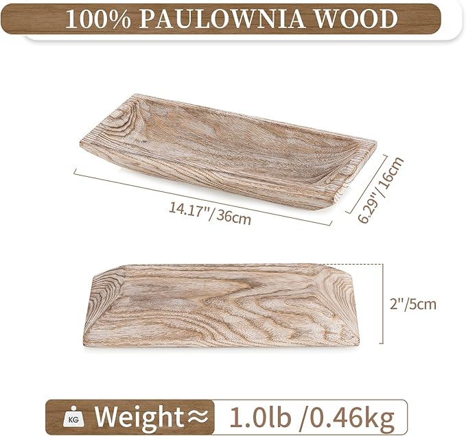 Hanobe Decorative Wood Dough Bowl: Long Wooden Centerpiece Table Decorations Natural Candle Holder Tray Decor Rustic Unfinished Trough Centerpieces for Dining Room Kitchen, White