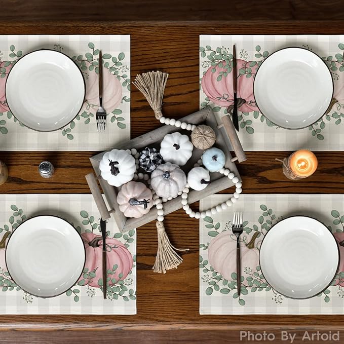 Artoid Mode Buffalo Plaid Pink Pumpkins Eucalyptus Fall Placemats Set of 4, 12x18 Inch Autumn Thanksgiving Table Mats for Party Kitchen Dining Decoration