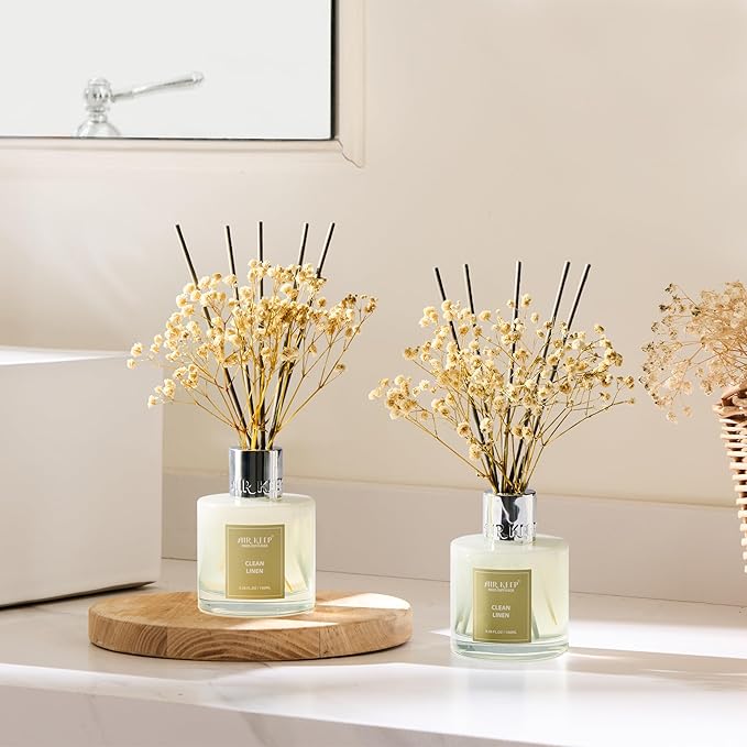 Airkeep Reed Diffuser 3.38 oz (100ml) 2pk, Clean Linen Scented Reed Diffuser Set,Reed Diffuser & Oil Diffuser Sticks, Aromatherapy, Airkeep Reed Diffuser Set Box 2-Clean Linen